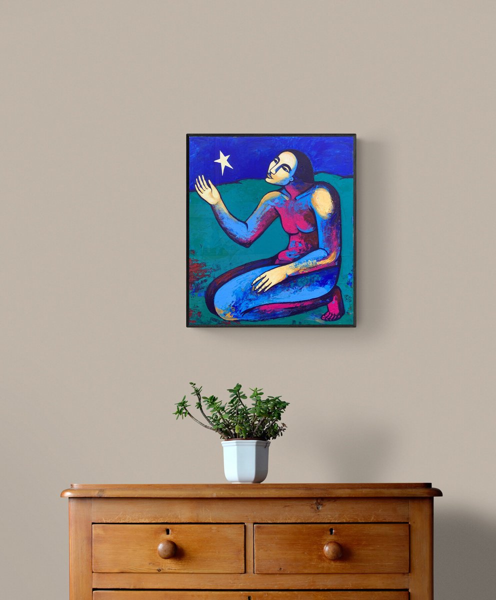 Naive Portrait Acrylic Painting By Elena Tomilova, 20 X 24, My Happy Star, Original Artwork