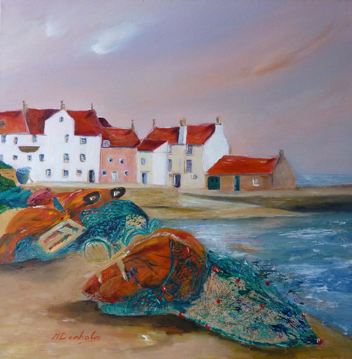 Impressionistic Landscape Acrylic Painting By Margaret Denholm, 16 X 16", Nets & Creels, Pittenweem, Original Artwork