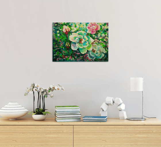 White rose hip, Wild Rose Painting Flower Original Art Abstract Floral Artwork 50x35 cm, ready to hang.