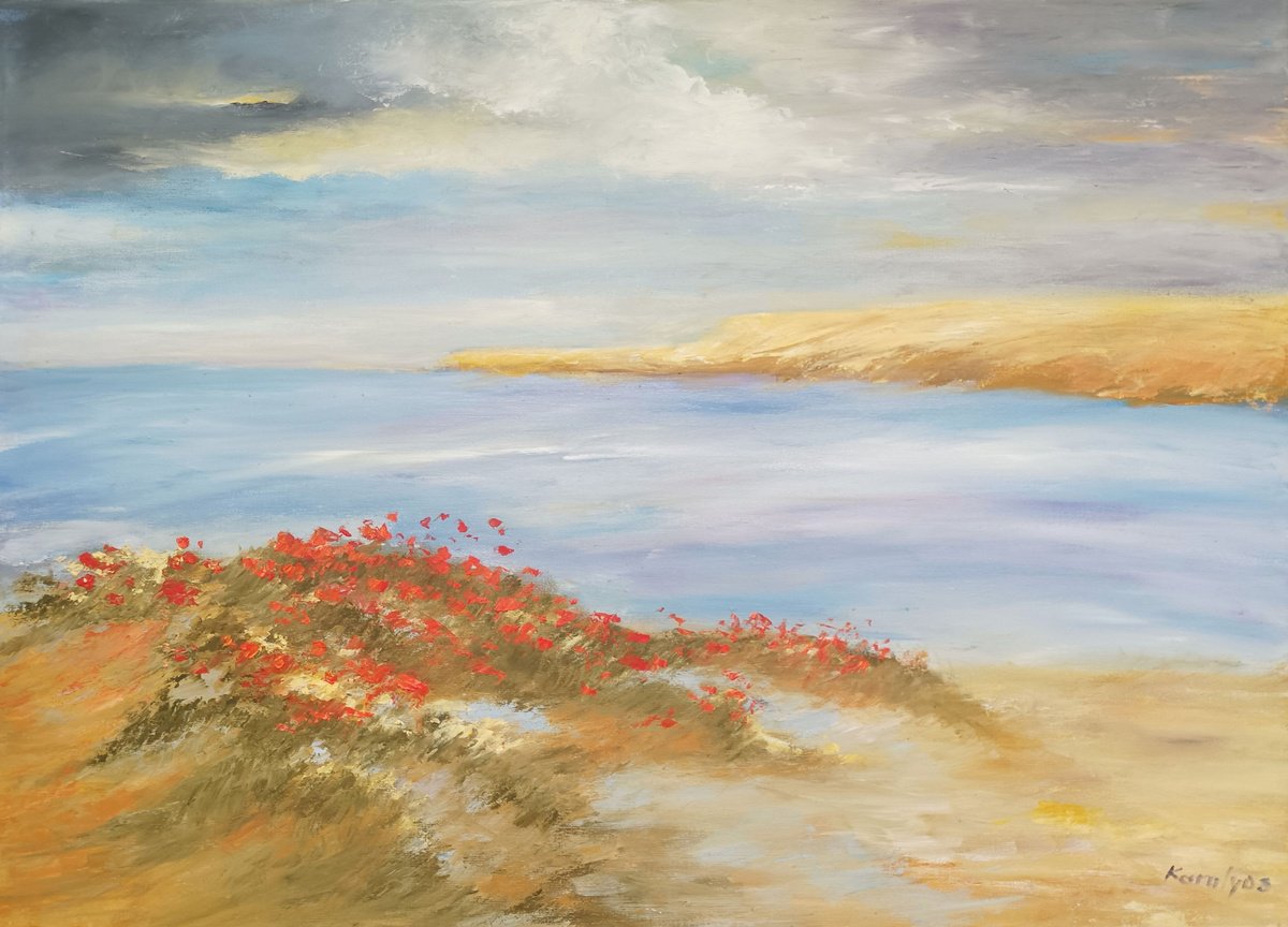 Impressionistic Landscape Oil Painting By Maria Karalyos, 28 X 20", Sunset On The Beach, Original Artwork