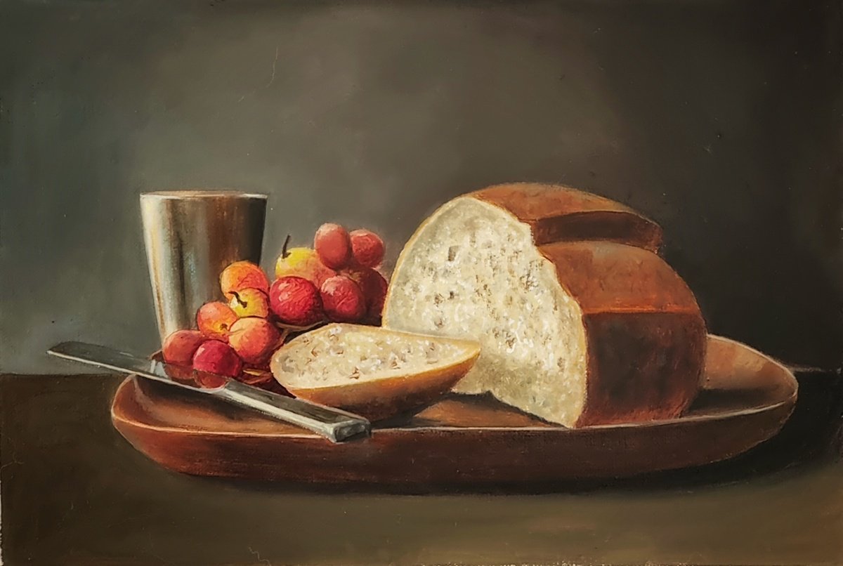 Photorealistic Still Life Oil Painting By Priyanka Singh, 11 X 7", Bread And Grapes, Original Artwork