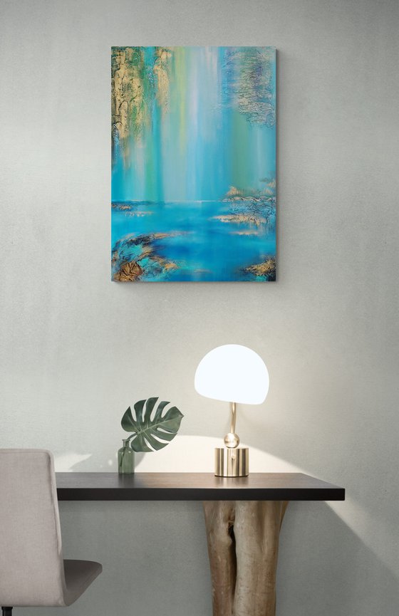 A XL large semi-abstract beautiful structured mixed media painting of a lake "Under the willow"