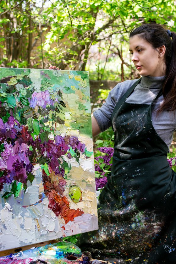 Lilacs still life impasto painting