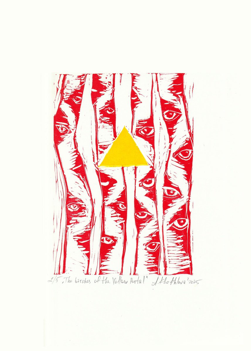 Geometric Abstract Linocut By Alena Khokhlova, 10 X 14, Birches Of The Yellow Portal, Original Artwork