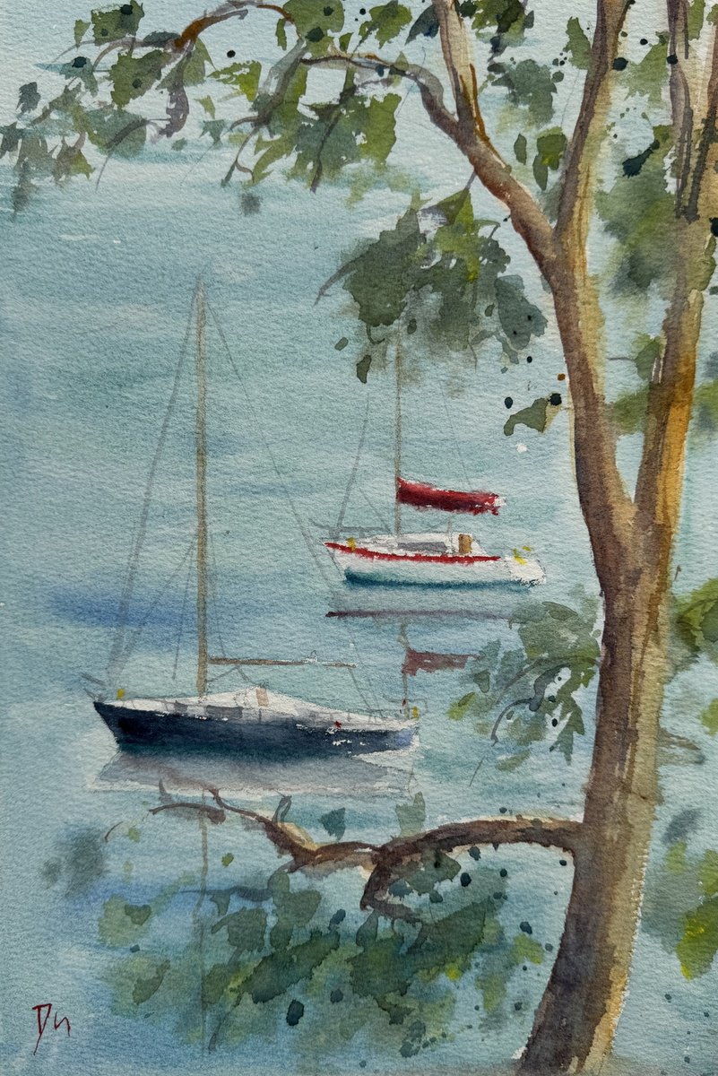Impressionistic Landscape Watercolour By Shelly Du, 8 X 12", Sydney Harbour - Sunday Morning At Berrys Island, Original Artwork