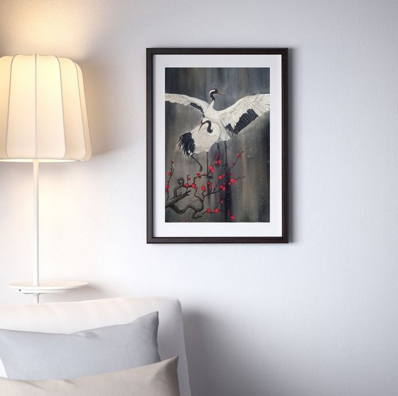 Couple Japanese Red Crowned Cranes and Plum Blossom - 梅花 - 丹頂鶴 - pink blossoms - spring blossom
