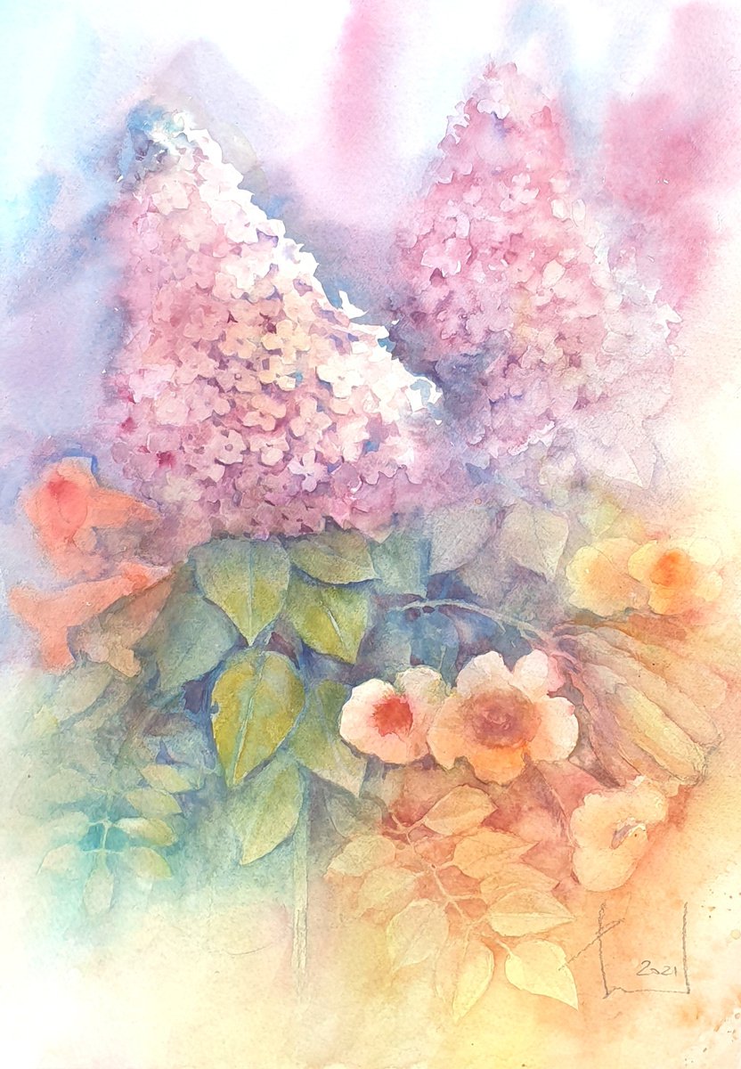 HYDRANGEA and MILIN 2021.033  original watercolor 27X38 by Beata van Wijngaarden