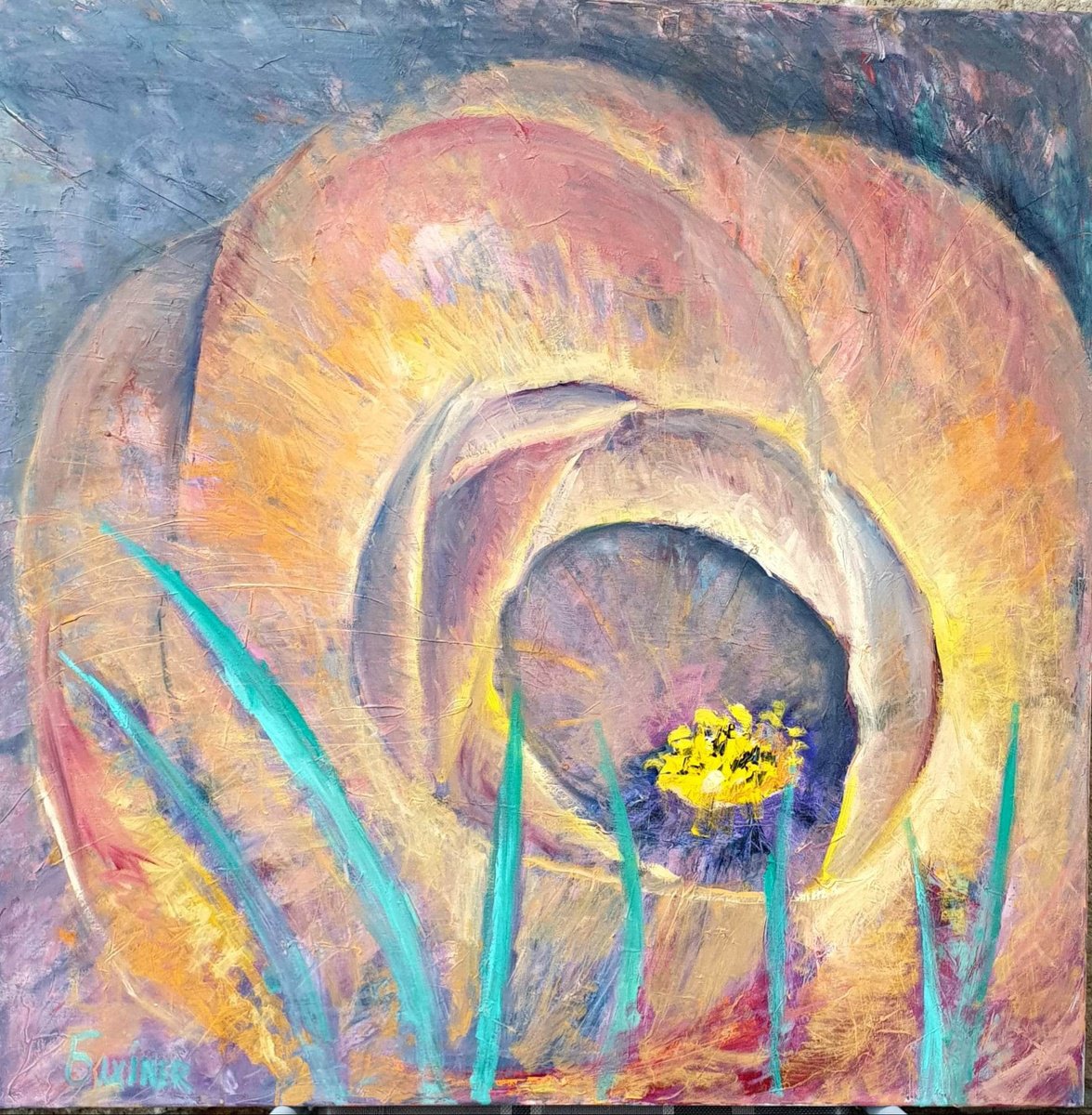 Urban And Pop Abstract Oil Painting By Leo Baxiner, 39 X 39", Birth, Original Artwork