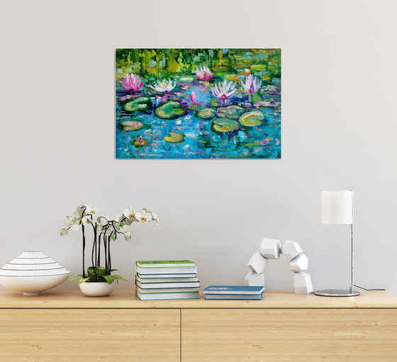 Nympheas, Water Lily Painting Original Art Monet Pond Landscape Artwork Floral Wall Art, 60x40 cm, ready to hang.
