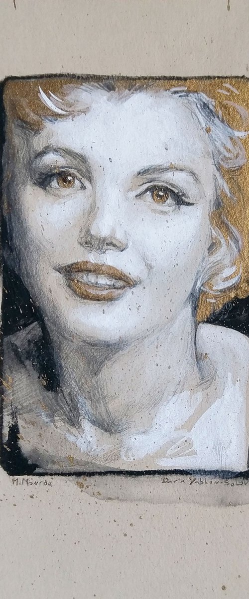Golden Marilyn Monroe#3  with golden eyes and lips / Realistic Pencil Portrait / Goddes /Qween /Realistic Pencil Mixed media Modern Drawing/ Gold Black White/ Gift idea by Daria Yablon-Soloviova