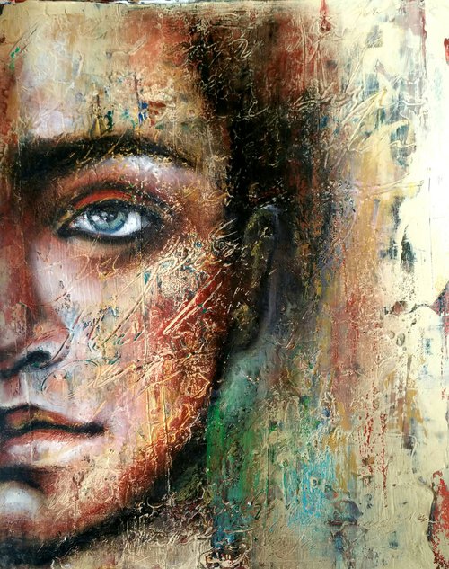 "Partial face II"Original mixed media painting on  paper 35x28x0,1cm. by Elena Kraft