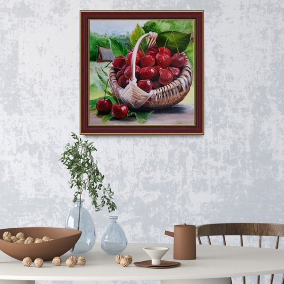 Cherry - Nature's Candy. Original Oil Painting on Canvas. Summer Still life. Summer Berries Room accent. Summer painting.