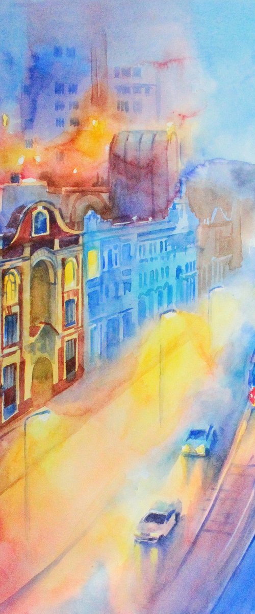 Watercolor evening cityscape by Marta Nyrkova