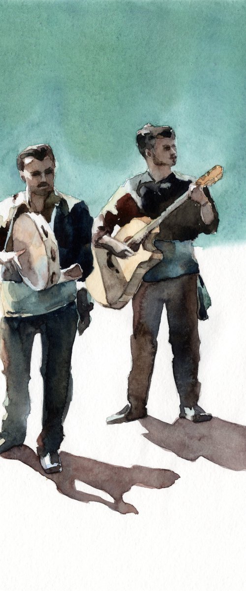 Italian musicians in watercolors, Music on the street by Yulia Evsyukova