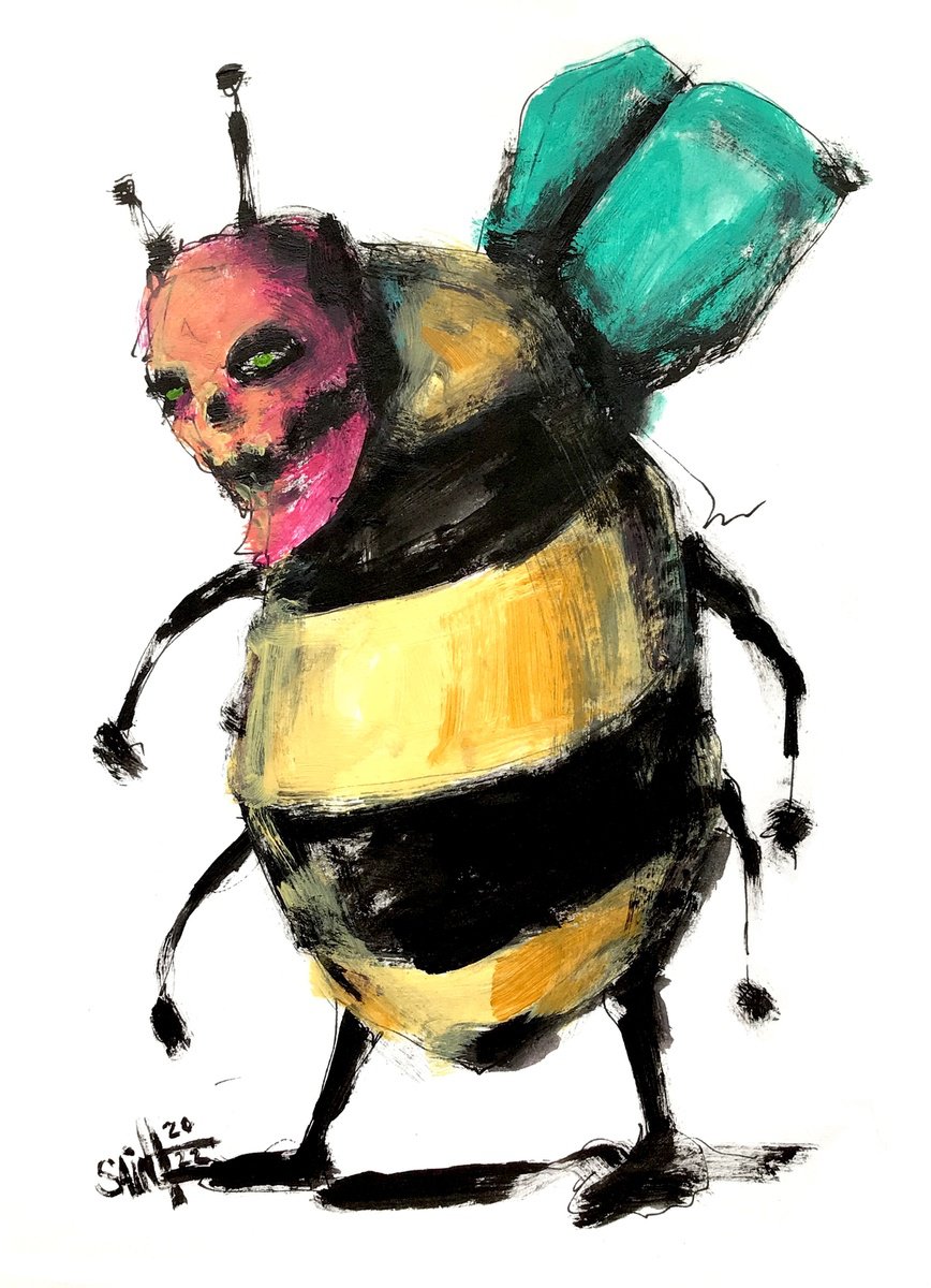 #29 Abstract bee zombie portrait painting original art, Horror Naive Outsider Folk Art Bru... by Ruslan Aksenov