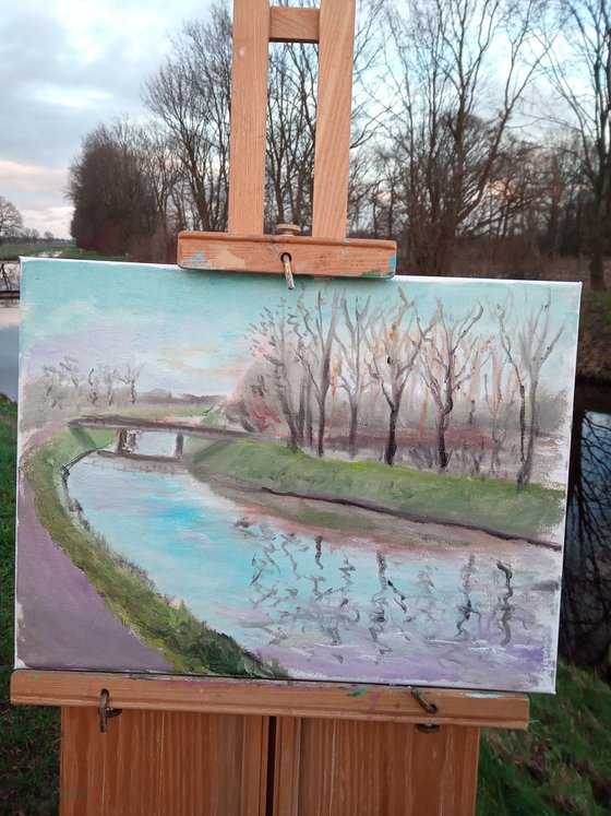 The warm winter. One of the Netherlands canals. Plein Air