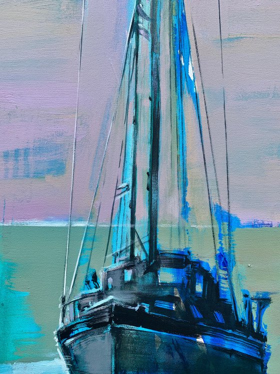 Big vertical painting - "Green dawn" - delicate color - sunset - sailing boat