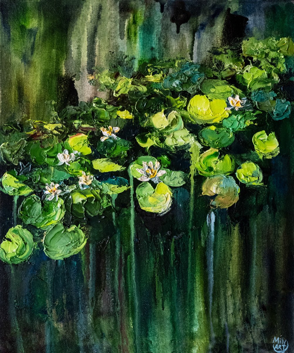 Impressionistic Botanical Oil Painting By Mily Art, 20 X 24", Water Lily Harmony, Original Artwork