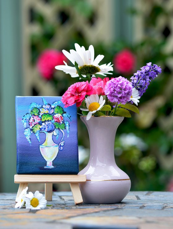 Flowers in white vase, original acrylic miniature painting, still life N3
