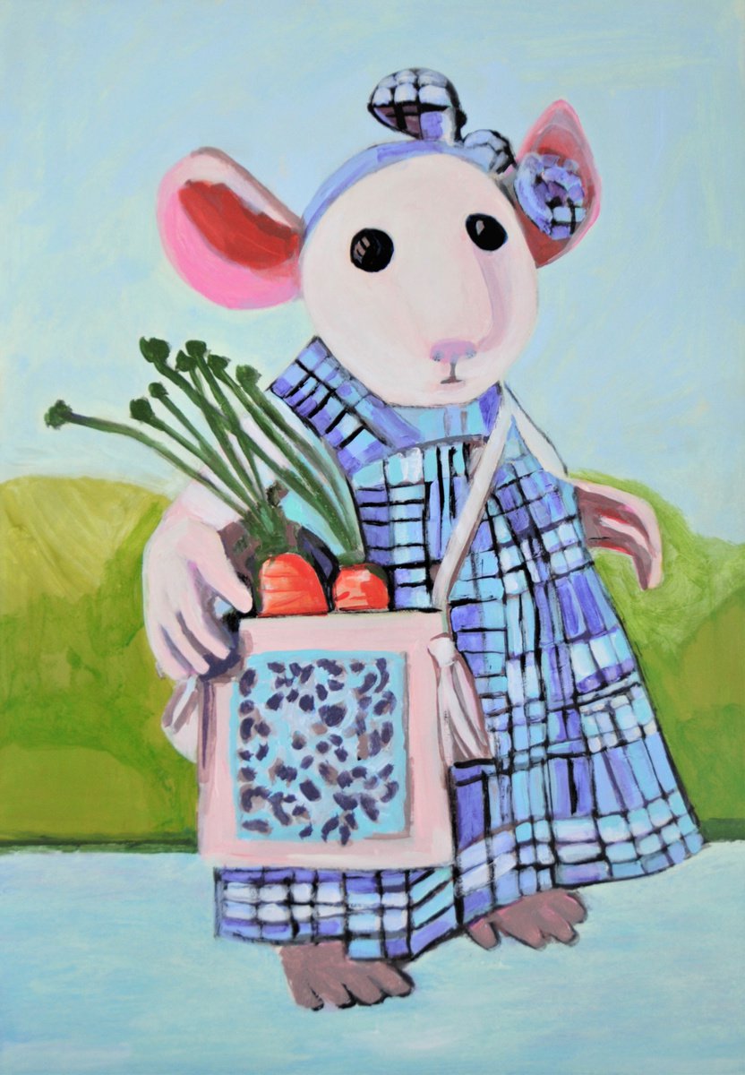 Naive Animal Acrylic Painting By Alexandra Djokic, 20 X 28, Mouse In Blue Plaid Dress, Original Artwork