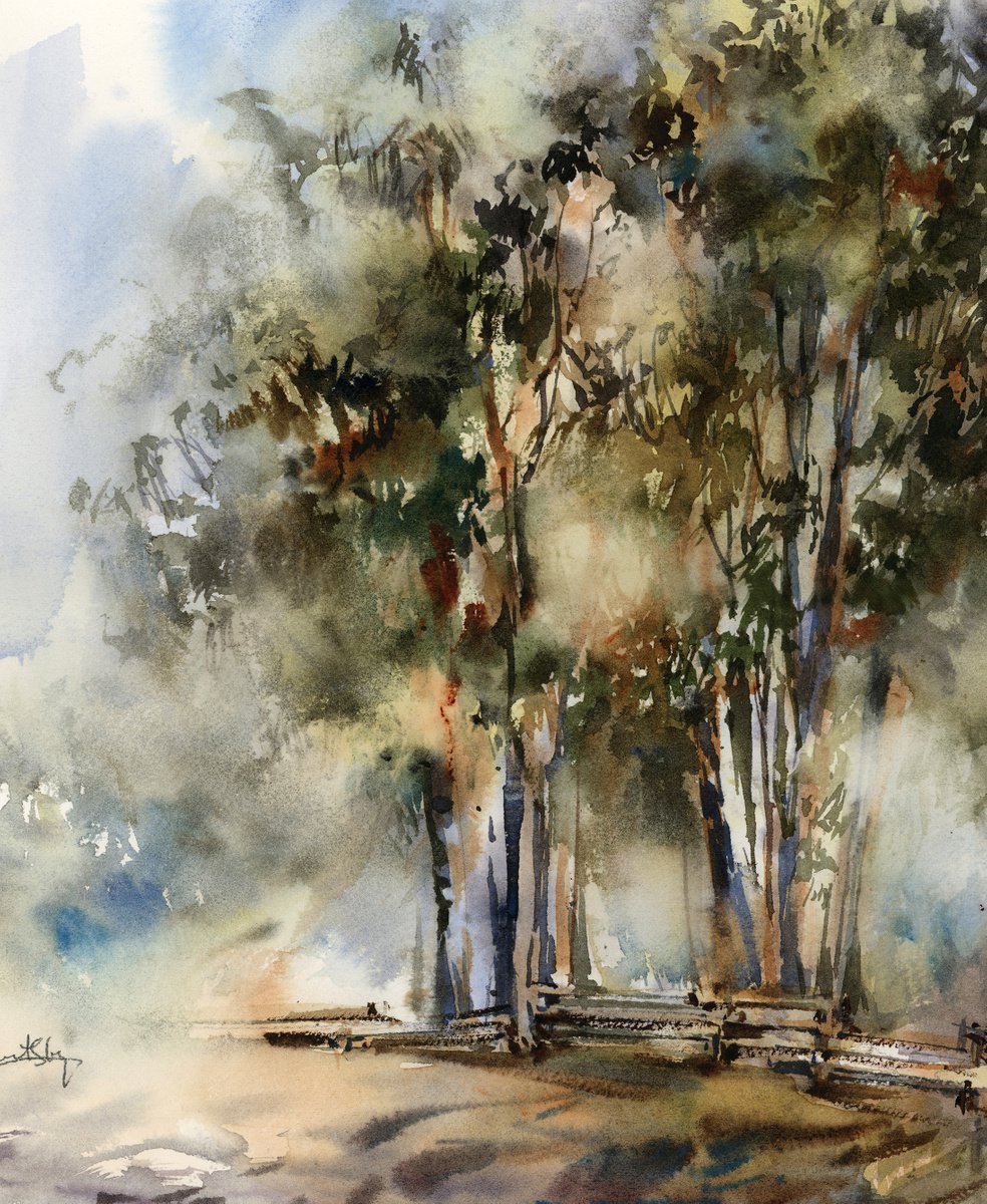 Impressionistic Landscape Painting By Sophie Rodionov, 12 X 16", Landscape With Eucalyptus Trees, Original Artwork
