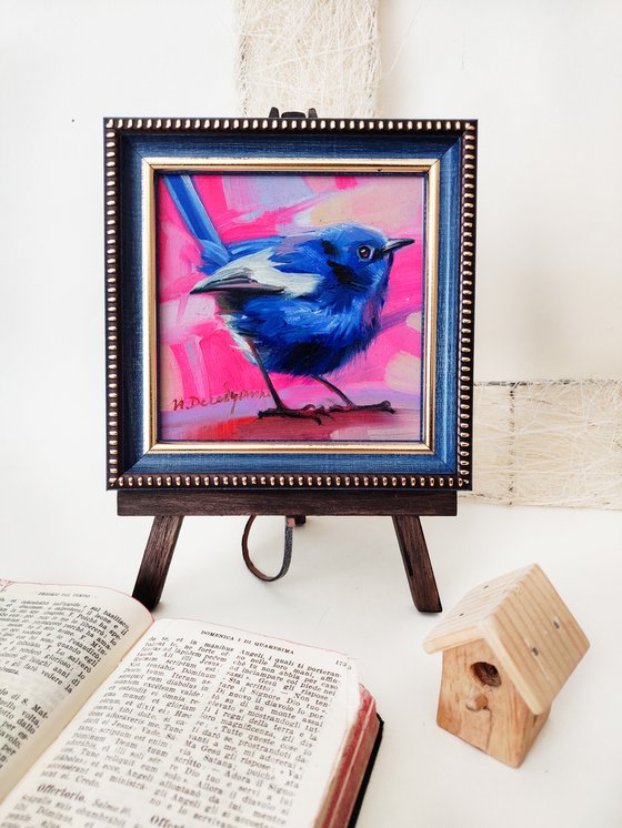 Blue Bird oil painting original 4x4 Fairy-wren bird artwork, Neon hot pink art gold frame, Small picture bird gift idea