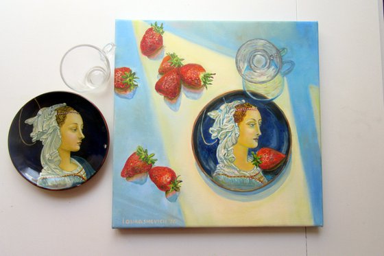 Still life with a plate, stawberries and a glass Romantic Impressionism (2020) 12x12 in. (30x30 cm)