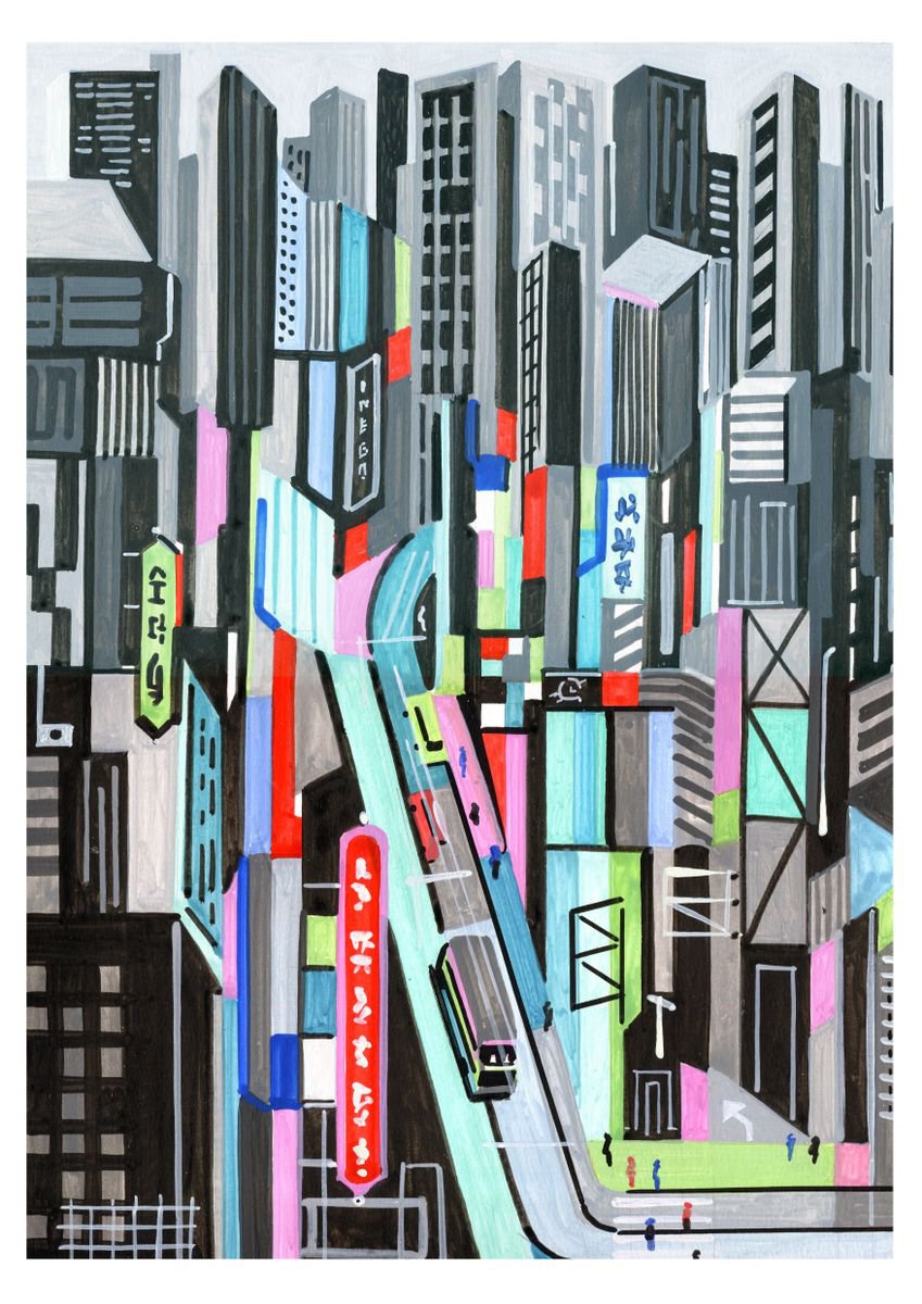 Urban And Pop Acrylic Painting , Hong-Kong-Street_View-03 By Andre Baldet, 13 X 18, Artwork For Sale On Artfinder