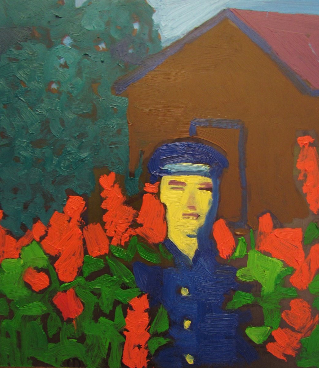 Naive Portrait Oil Painting By Viktoriia Pidvarchan, 9 X 7", Man In Red Flower And Bluesuit, Original Artwork