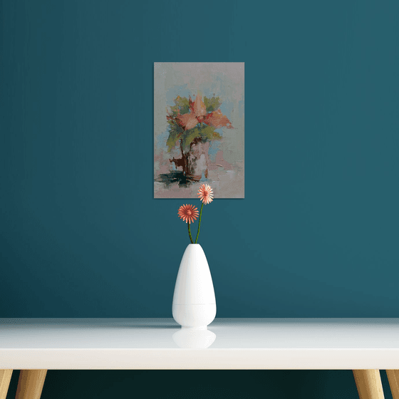 Modern still life painting. Abstract still life with flowers in vase