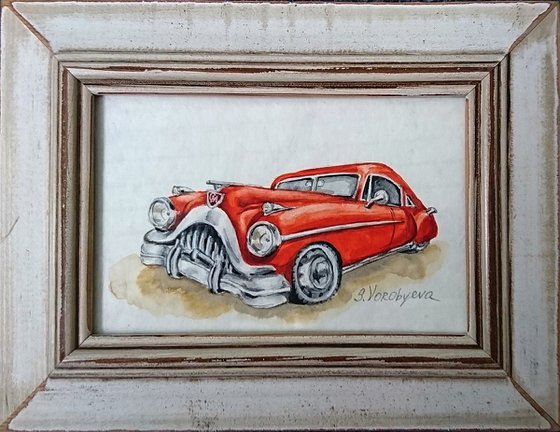 Red car. Watercolor miniature. Part from "Retro cars" series. Framed