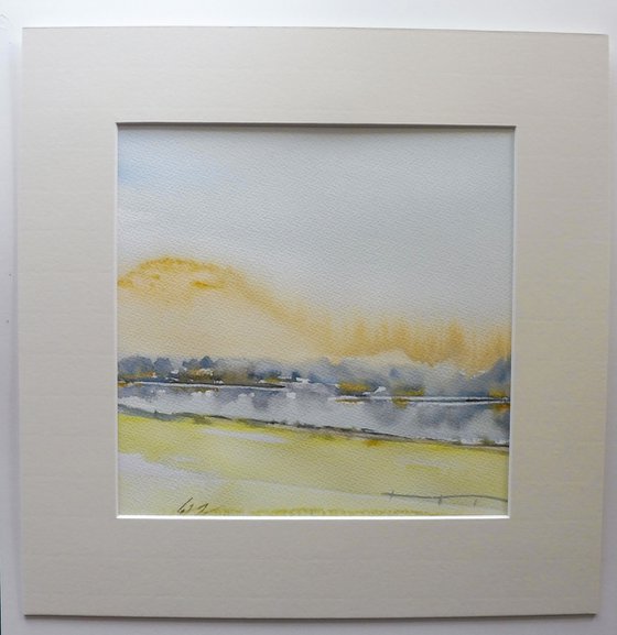 SUNRISE RIVER SEVERN, Shropshire. Impressionistic Original Landscape Watercolour Painting. With mount / mat.