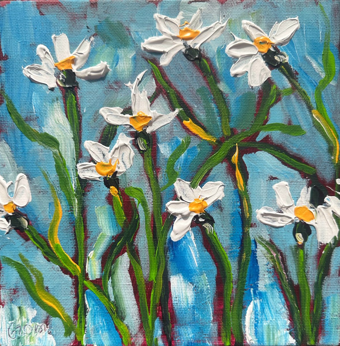 Impressionistic Botanical Acrylic Painting By Oksana Fedorova, 8 X 8", White Modern Flowers, Original Artwork