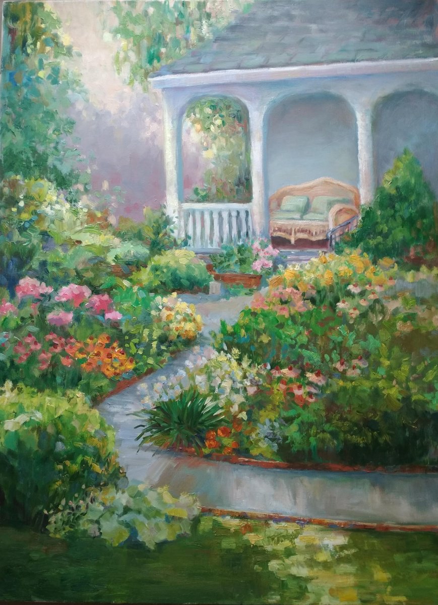 Impressionistic Landscape Oil Painting By Ann Krasikova, 24 X 31, Veranda In Bloom, Original Artwork