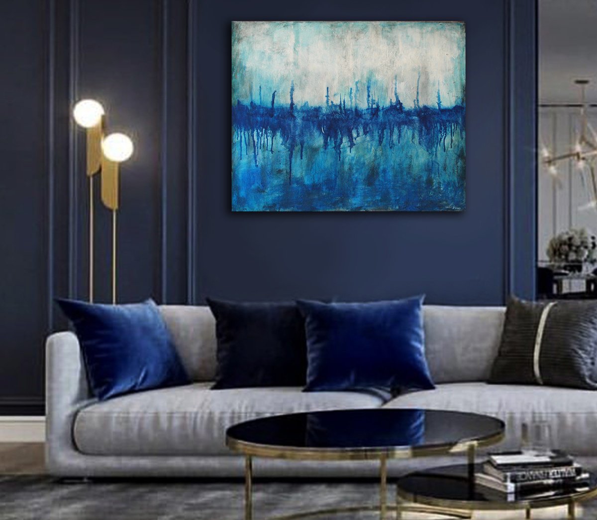 Abstract Acrylic Painting By Rumen Spasov, 39 X 31", "Blue Horizon", Original Artwork