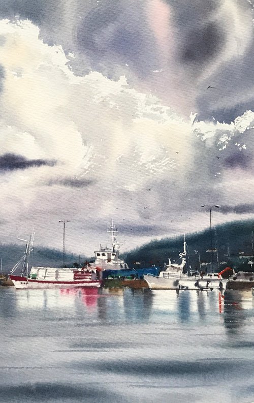 Moored yachts and clouds, Palamos by Eugenia Gorbacheva