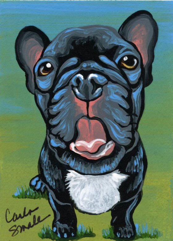 ACEO ATC Original Painting Blue French Bulldog Frenchie Dog Art-Carla Smale