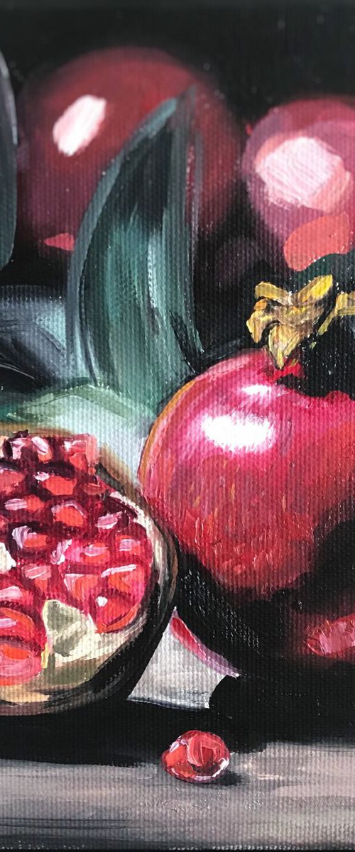 Pomegranates 4 on table still life painting 20x20 by Leysan Khasanova