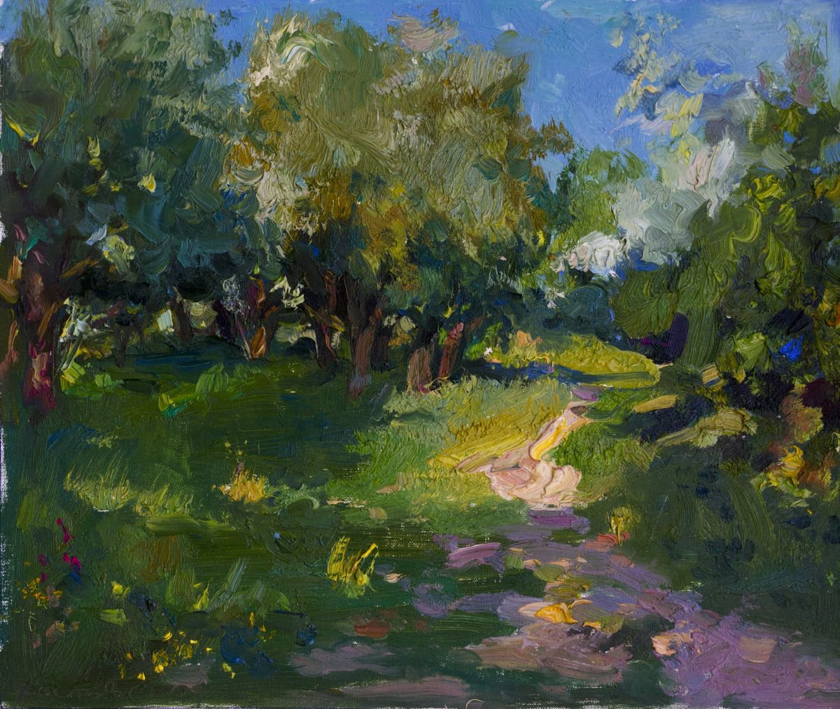 Impressionistic Landscape Oil Painting By Sergey Kostov, 12 X 10", Forest Landscape, Original Artwork