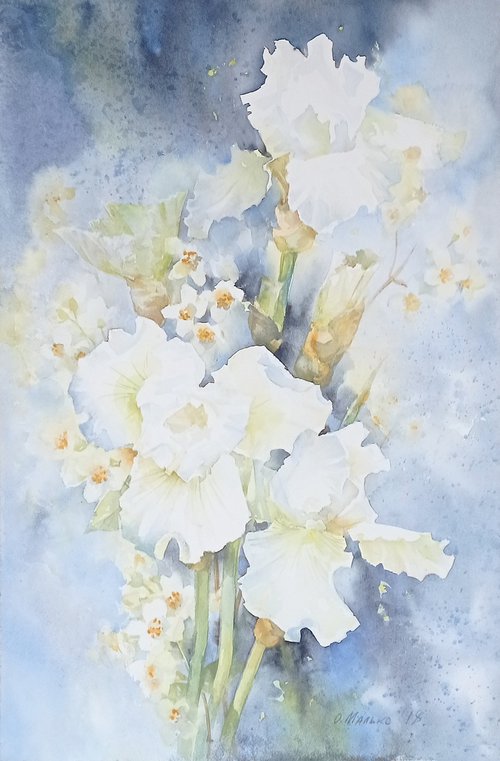 Winter dreams about spring (White irises) / ORIGINAL watercolor 15x22 (38x56cm) by Olha Malko
