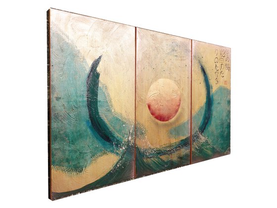Japanese enso J296 - large copper textured triptych, original art, japanese style paintings by artist Ksavera