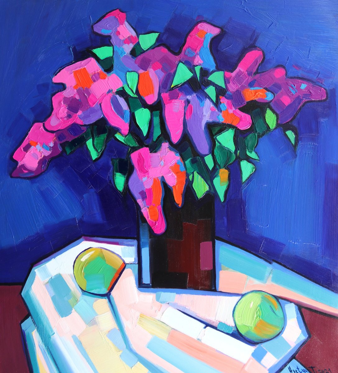 Impressionistic Still Life Oil Painting By Tigran Avetyan, 20 X 22", Lilac Flowers, Original Artwork