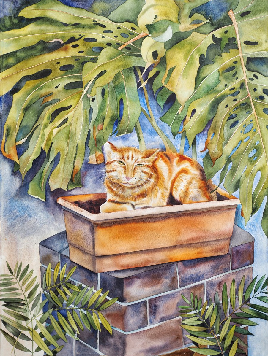 Cat in pot - original watercolor painting by Delnara El
