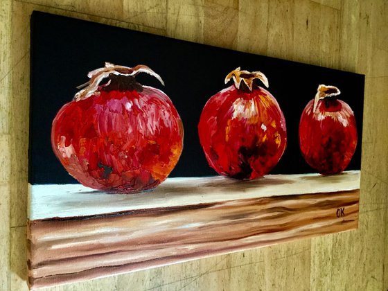 Still life with three Pomegranates fruits still life original oil painting on canvas wall decor