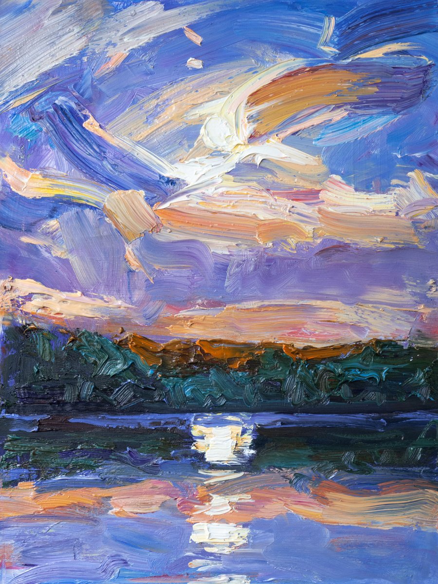 Expressive Landscape Oil Painting By Vasyl Moldavchuk, 9 X 12", Sunset On The Lake, Original Artwork