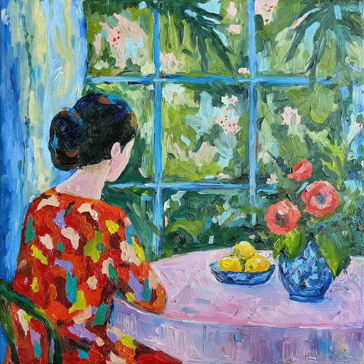 Impressionistic Portrait Oil Painting By Irina Anis, 20 X 20, A Moment Of Waiting, Original Artwork