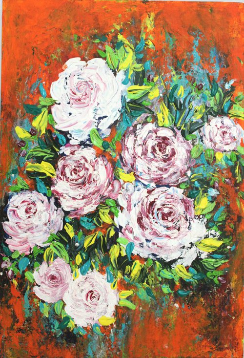 "I will hold you in my hands forever, 2017" - Roses Bouquet Floral Acrylic Painting by Vikashini Palanisamy