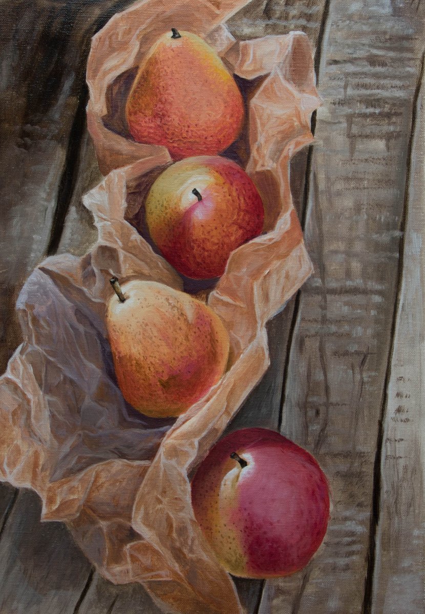 Photorealistic Still Life Oil Painting By Inna Medvedeva, 12 X 17, Pears On A Wooden Table, Original Artwork