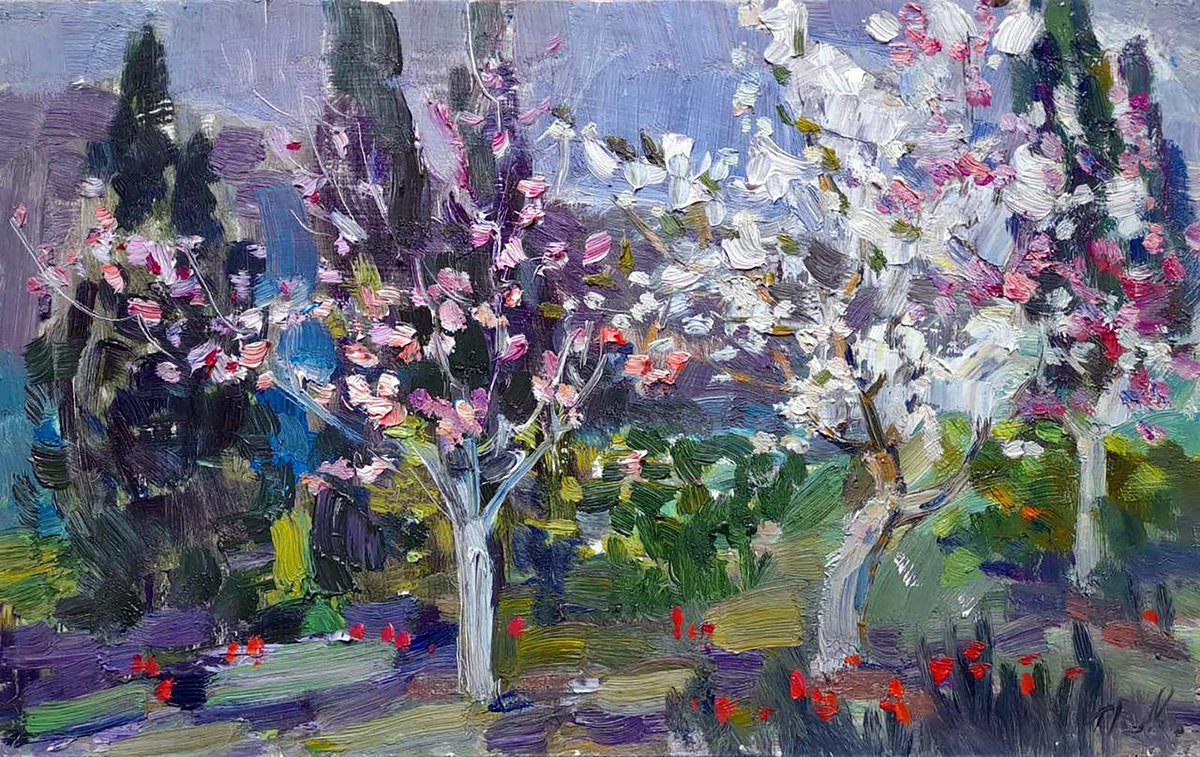 Impressionistic Landscape Oil Painting By Ivan Kovalenko, 16 X 10, The Garden Is Blooming, Original Artwork