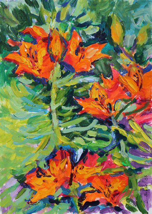 Orange lilies (plein air) original painting by Dima Braga